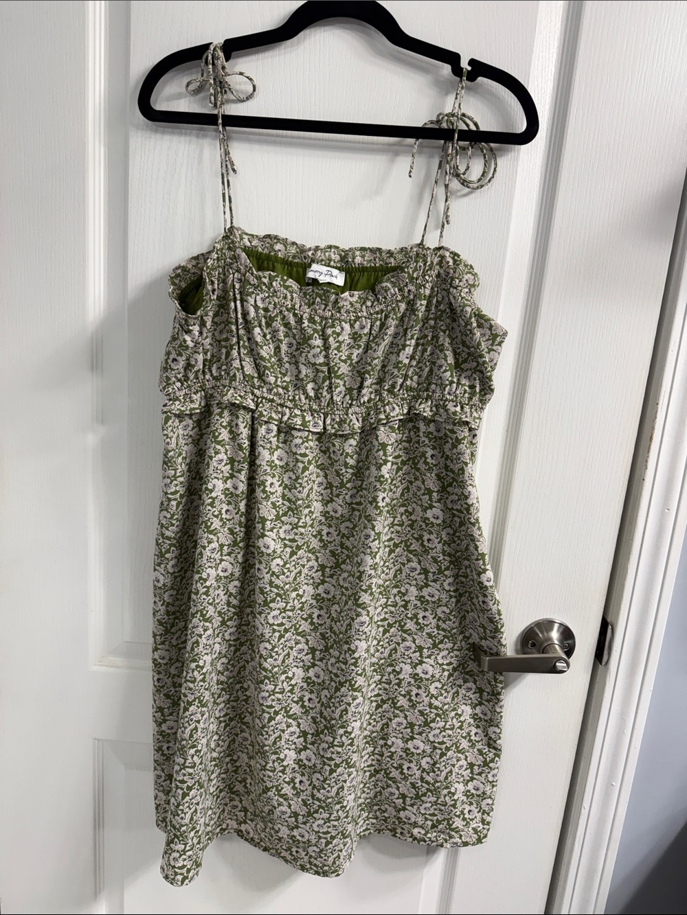 emory park Olive Green Base Ditsy Babydoll Floral Tie-Strap Mini Dress